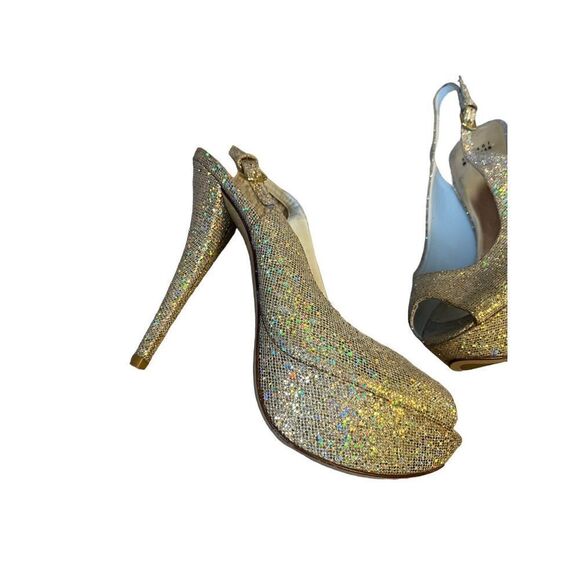 Stuart Weitzman Vevey Gold Glitter Platform Heels Slingback size 8.5 - Picture 10 of 14